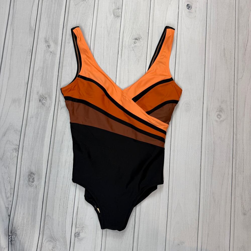Colorblock One Piece Swimsuit Size NL 42 Black Orange Retro Slimming